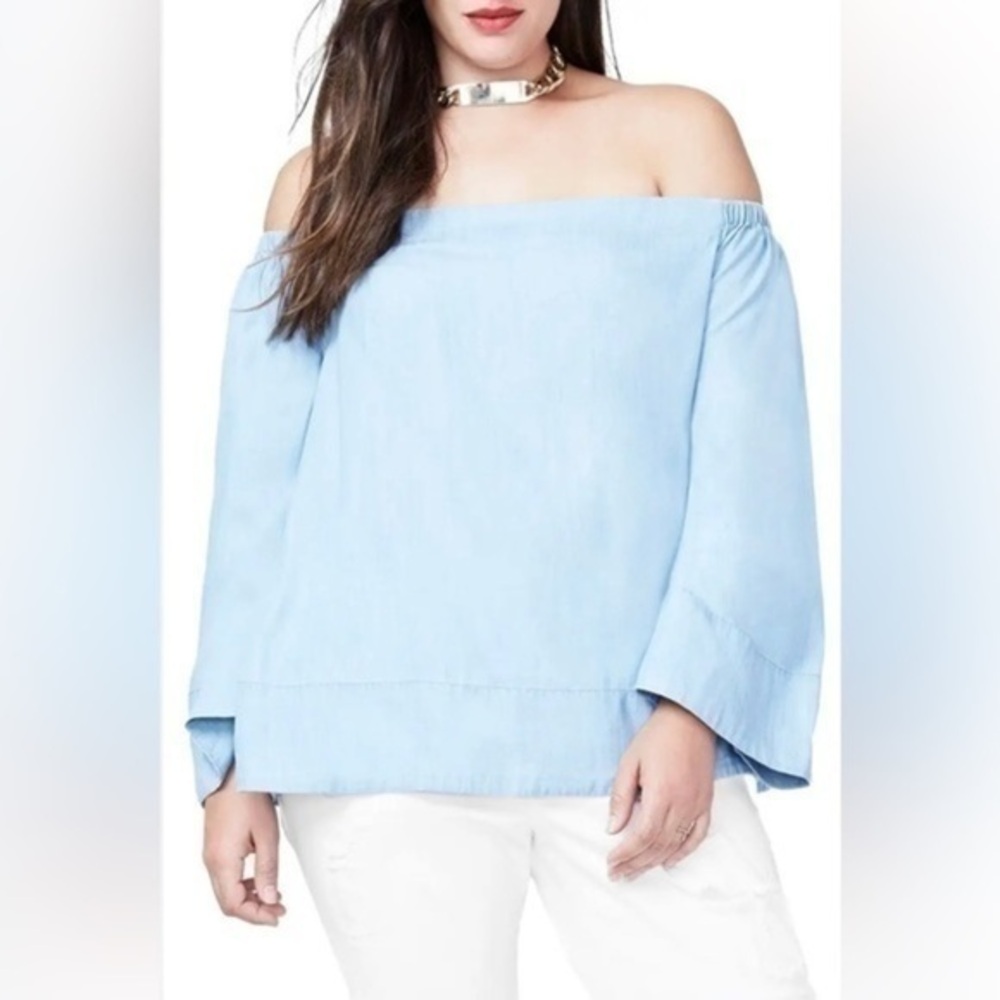 3/$30 _ RACHEL ROY | Blue Bell Sleeve Off the Shoulder Top - chambray -Large